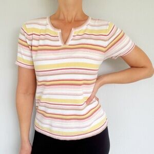 Analogy pink yellow stripe notch neckline short sleeve sweater top size medium